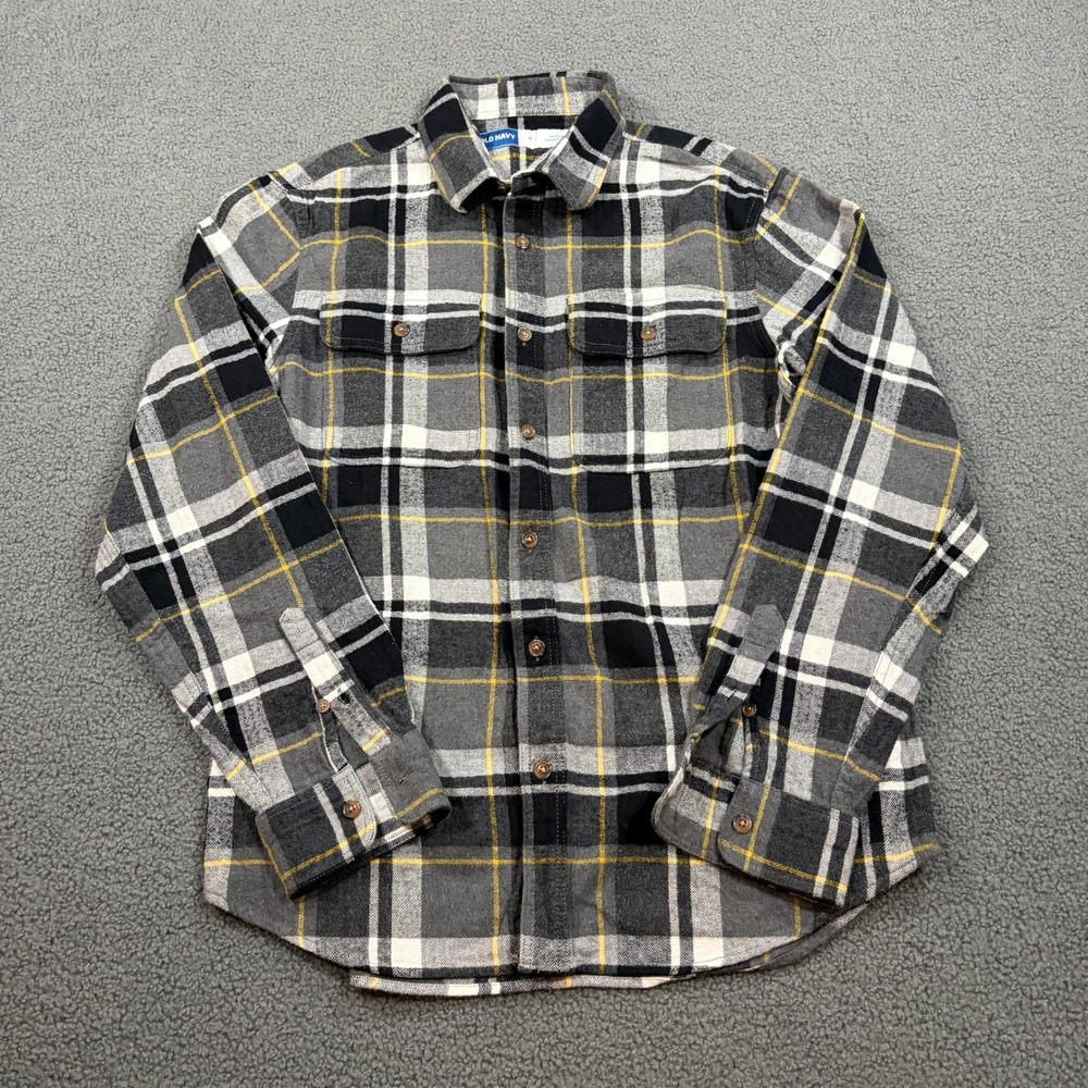 Old Navy Flannel Shirt Mens Medium Black Plaid Double Brushed Regular Fit 705935